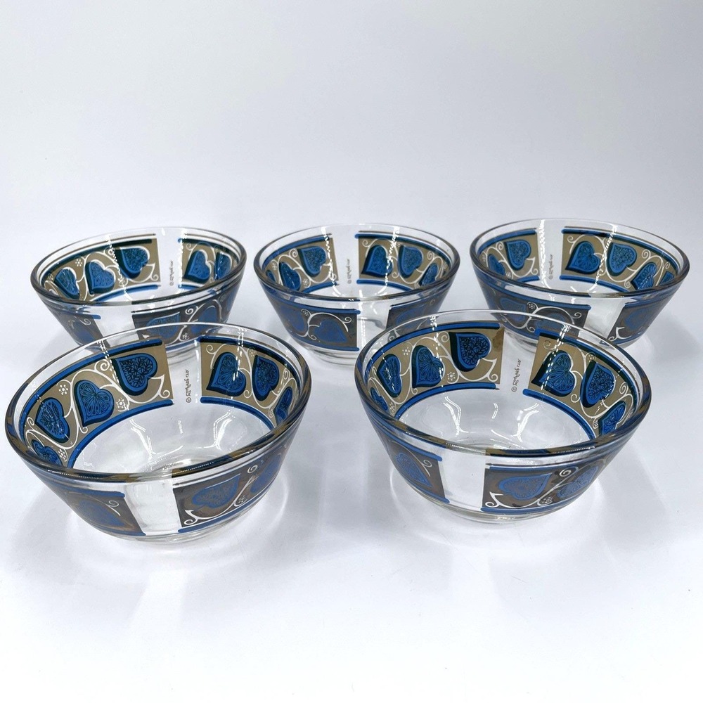 Culver Fruit Dessert Bowls Leaf‎ Ivy Motif Blue Gold 5" Set 5 Signed Mid Century